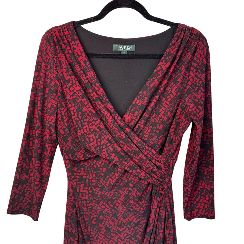 Ralph Lauren Dress 10 Red Black Geometric Print‎ 3/4 Sleeve Faux Wrap Career - Picture 6 of 16